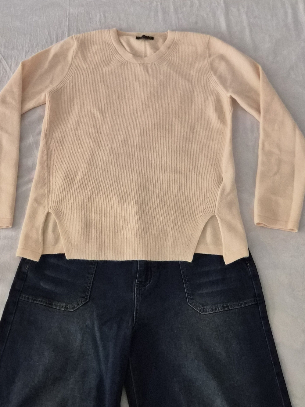 Express Light Cream Ribbed Crewneck Sweater